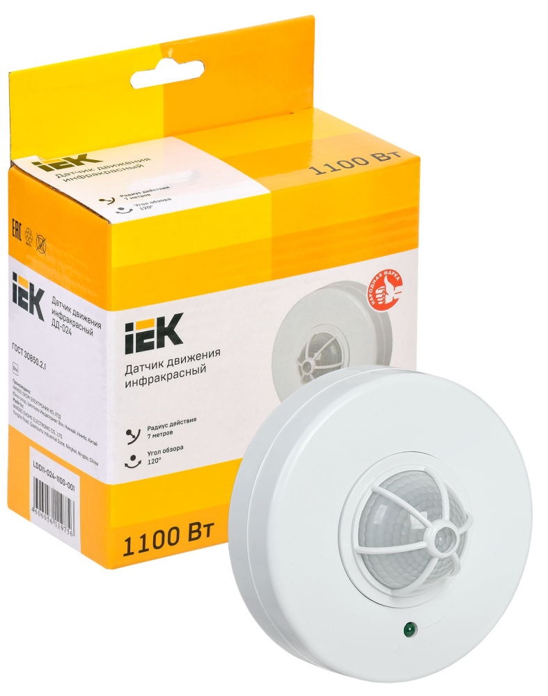 Датчик движения ДД 024 белый, макс. нагрузка 1100Вт, угол обзора 120-360гра, дальность 6м, IP33, ИЭК