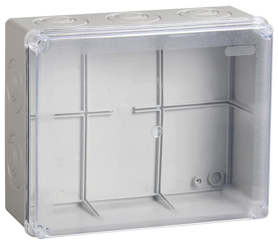 Коробка КМ41277 распаячная для о/п 240х195х165 мм IP44 (RAL7035, прозр. кр., кабельные вводы 5 шт)