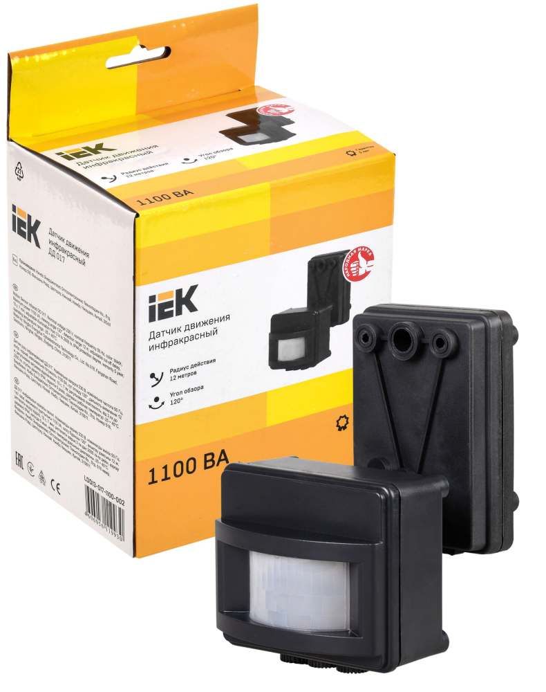 Датчик движения ДД 017 черный, макс. нагрузка 1100Вт, угол обзора 120град., дальность 12м, IP44, ИЭК