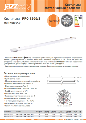 светильник jazzway pro 1200/s на подвесе