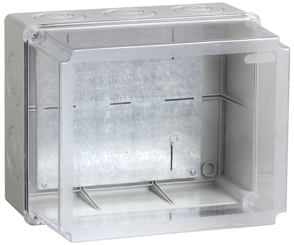 Коробка КМ41348 распаячная для о/п 240х195х165 мм IP55 (RAL7035, монт. плата, кабельные вводы 5 шт)