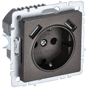 BRITE Роз. с з/к/ш 16А с USB A+A 2,1А РЮш10-1-БрТБ бр. IEK