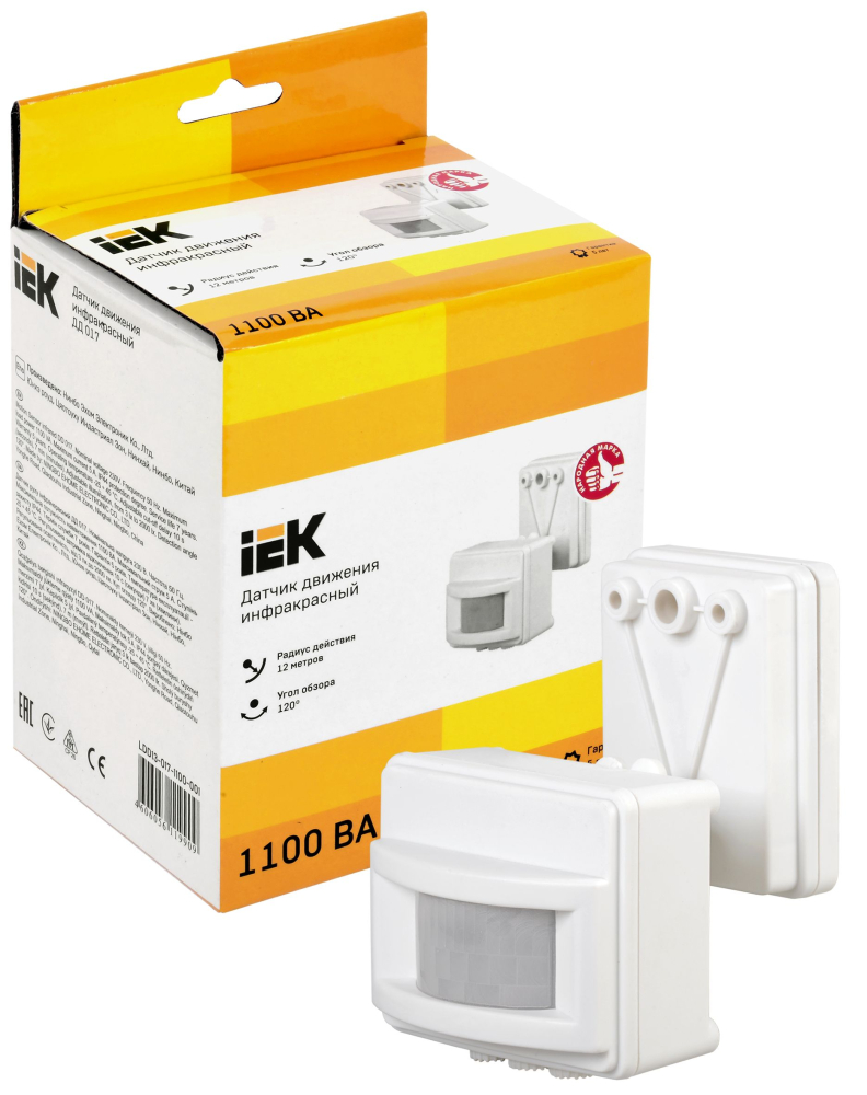 Датчик движения ДД 017 белый, макс. нагрузка 1100Вт, угол обзора 120град., дальность 12м, IP44, ИЭК