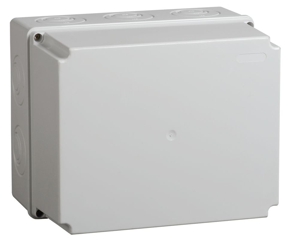 Коробка КМ41344 распаячная для о/п 240х195х165 мм IP55 (RAL7035, монт. плата, кабельные вводы 5 шт)